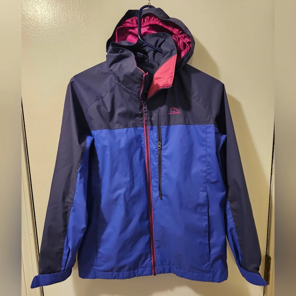 LL Bean Hooded Lined Windbreaker Jacket Blue/Pink Girl's Size L 14-16